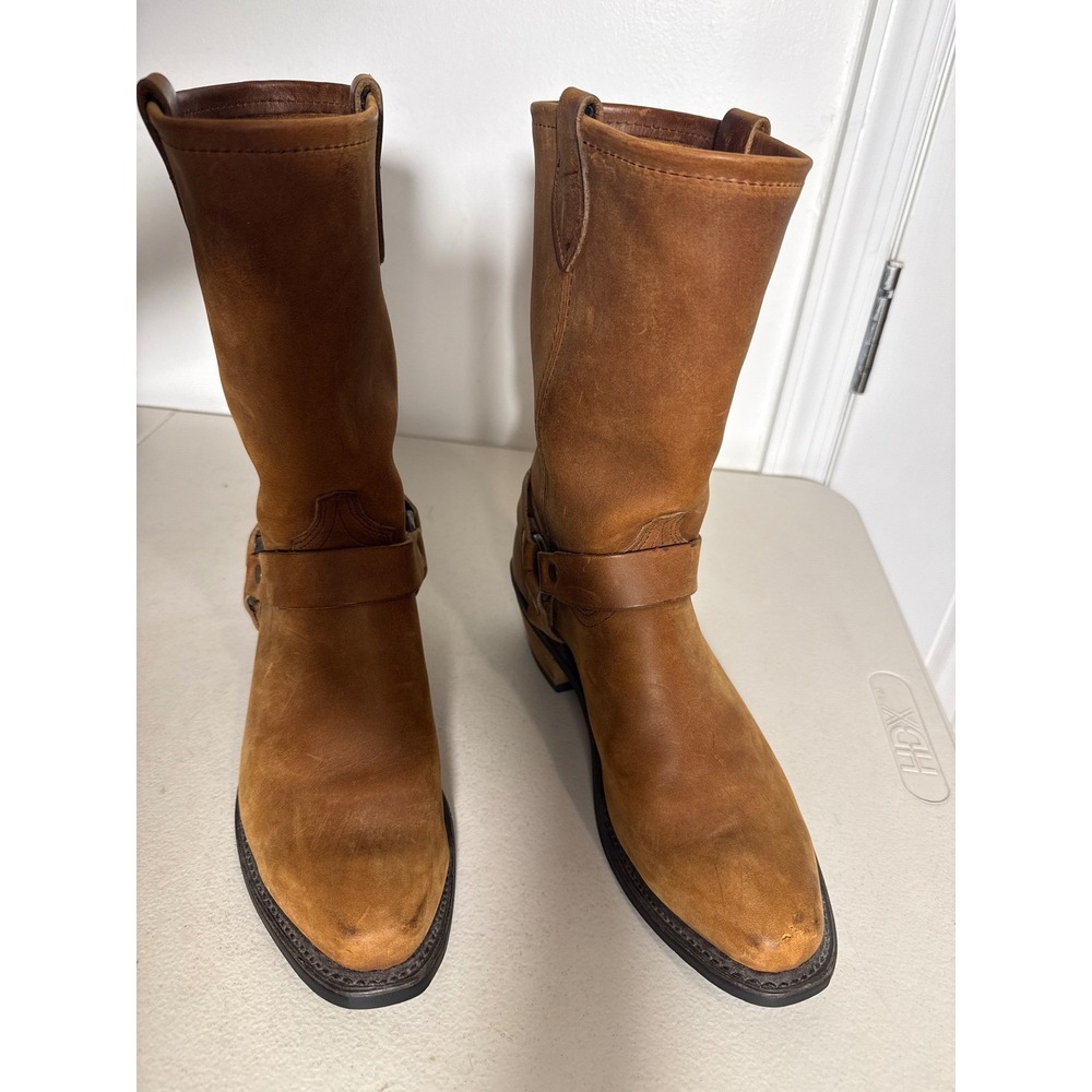 Vintage Brown Leather Harness Boots Mid Calf Western Cuban Heel Size 9M USA Made - Picture 9 of 9